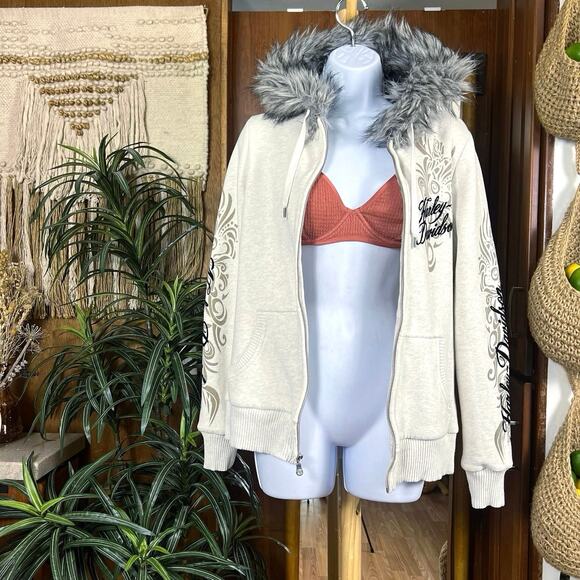 Vintage Harley Davidson Fur Trim Zip Hoodie M Gray Felted Logo Y2K Tattoo Style - Picture 3 of 16